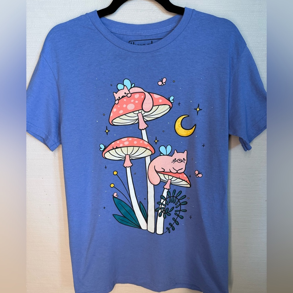 Blue Shirt with Cute Mushroom Cat Print